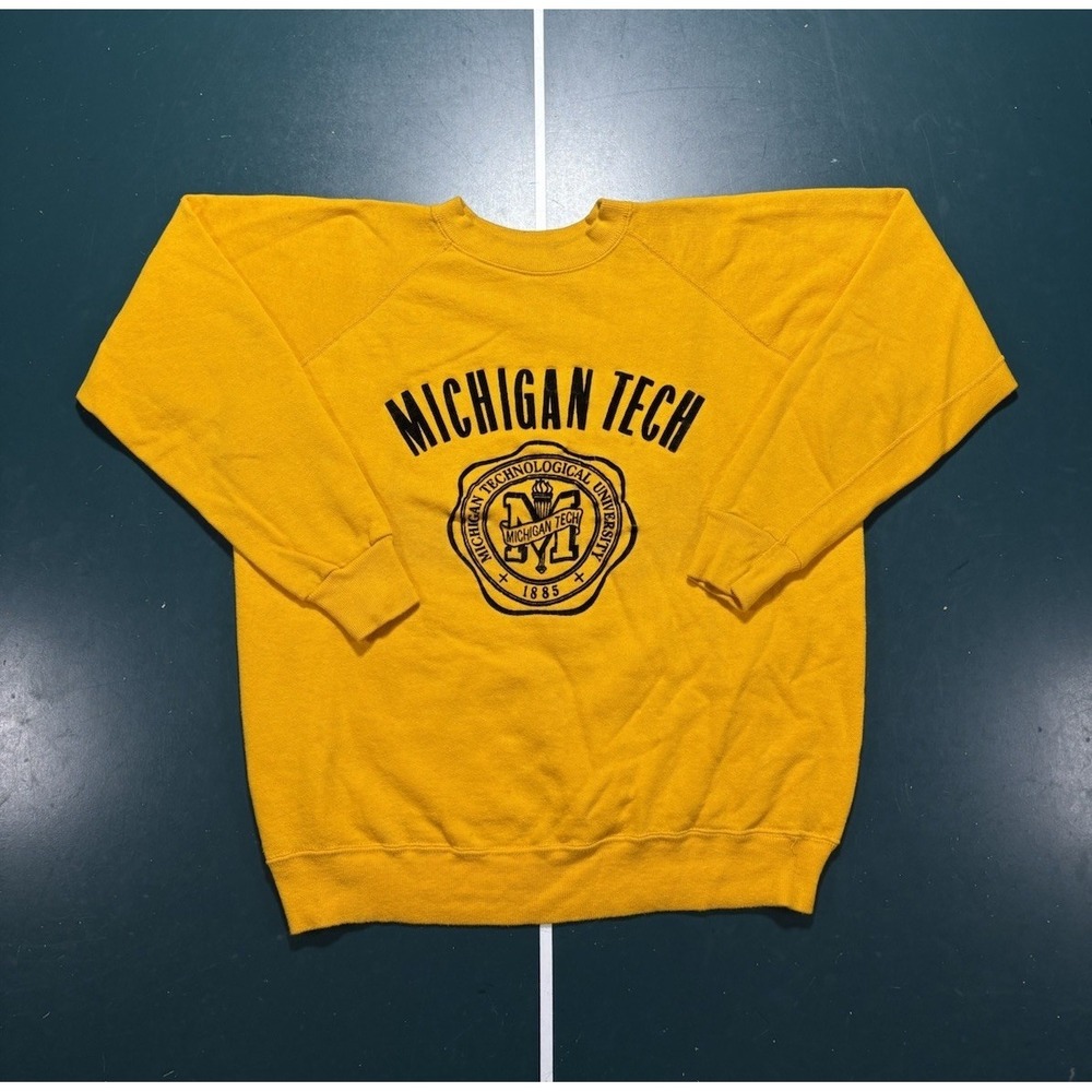 Vintage 70s Michigan Tech University Raglan Sweatshirt Large Flock Print Gusset